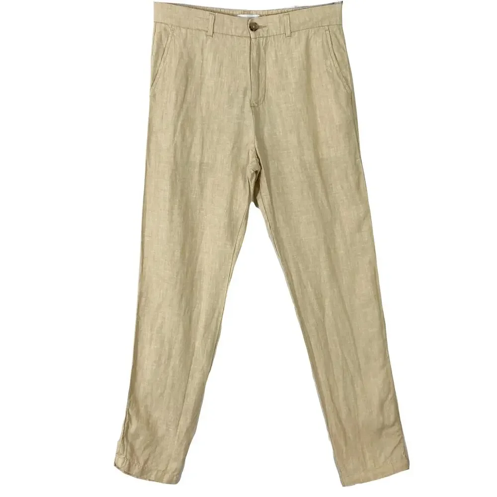 NWOT PORTER & ASH Pants Men 29 Linen Beige Straight-Leg Logo Embroidery 4-Pkts